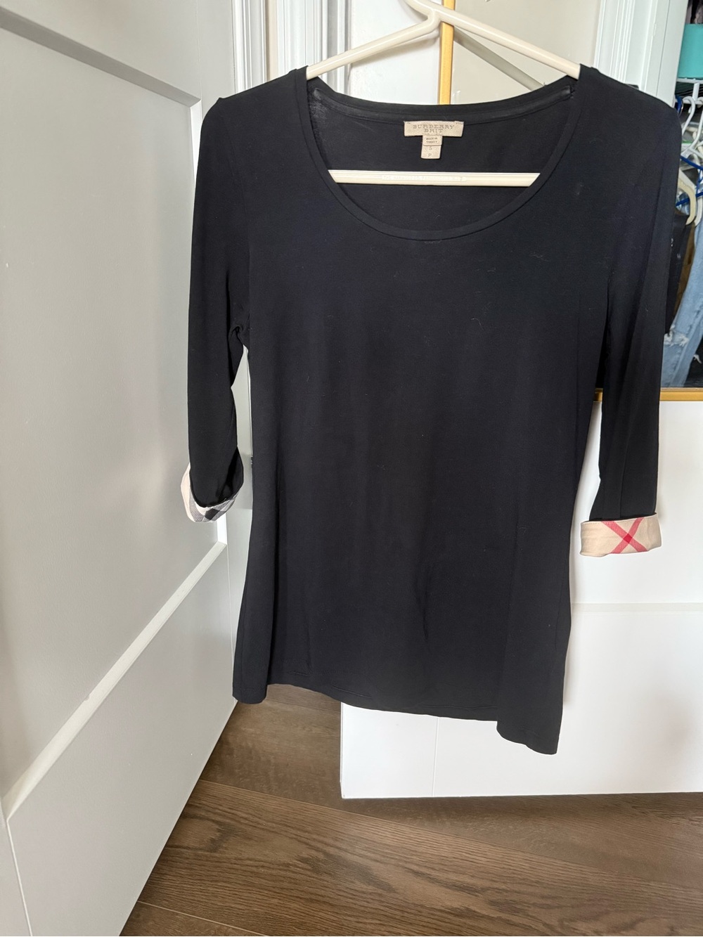 Burberry Black Scoop Neck Long Sleeve Top with Check Cuff